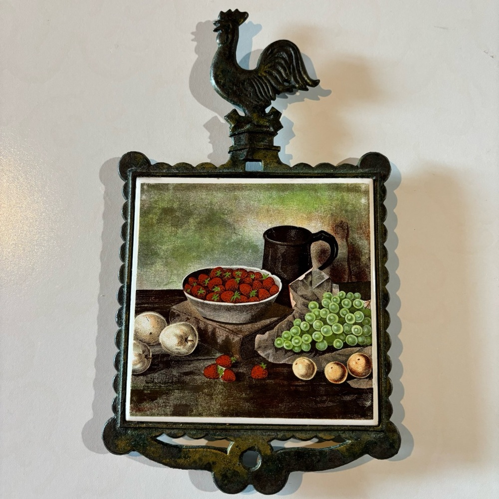 Vintage Cast Iron Trivet FM Japan Chicken Strawberry MCM Kitchen Decor Farmhouse